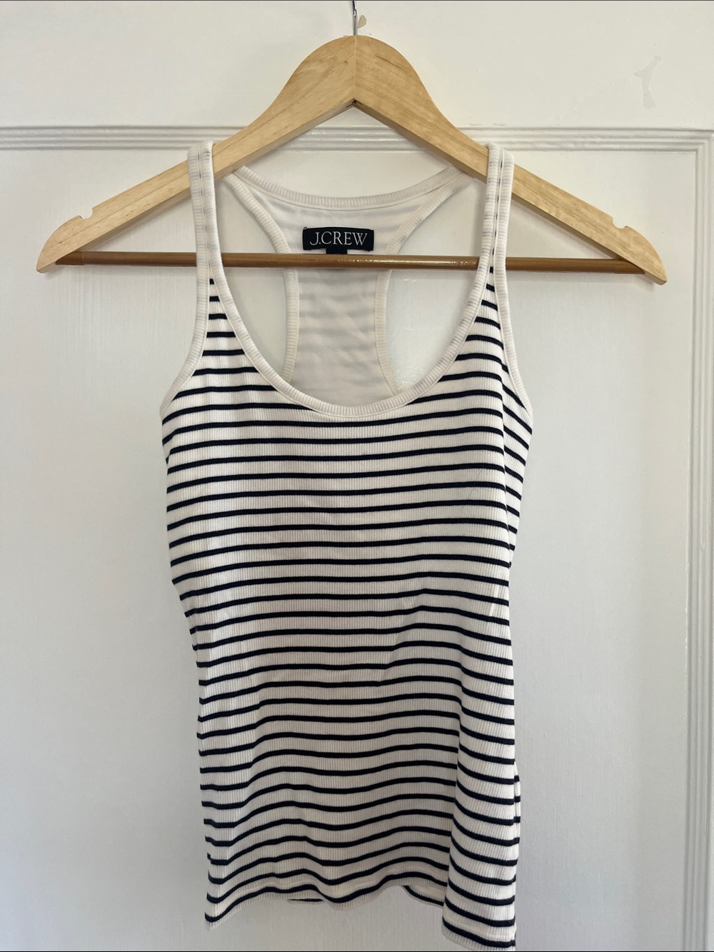 J. Crew Striped Ribbed Tank Top in White and Navy with Built-in Bra XS
